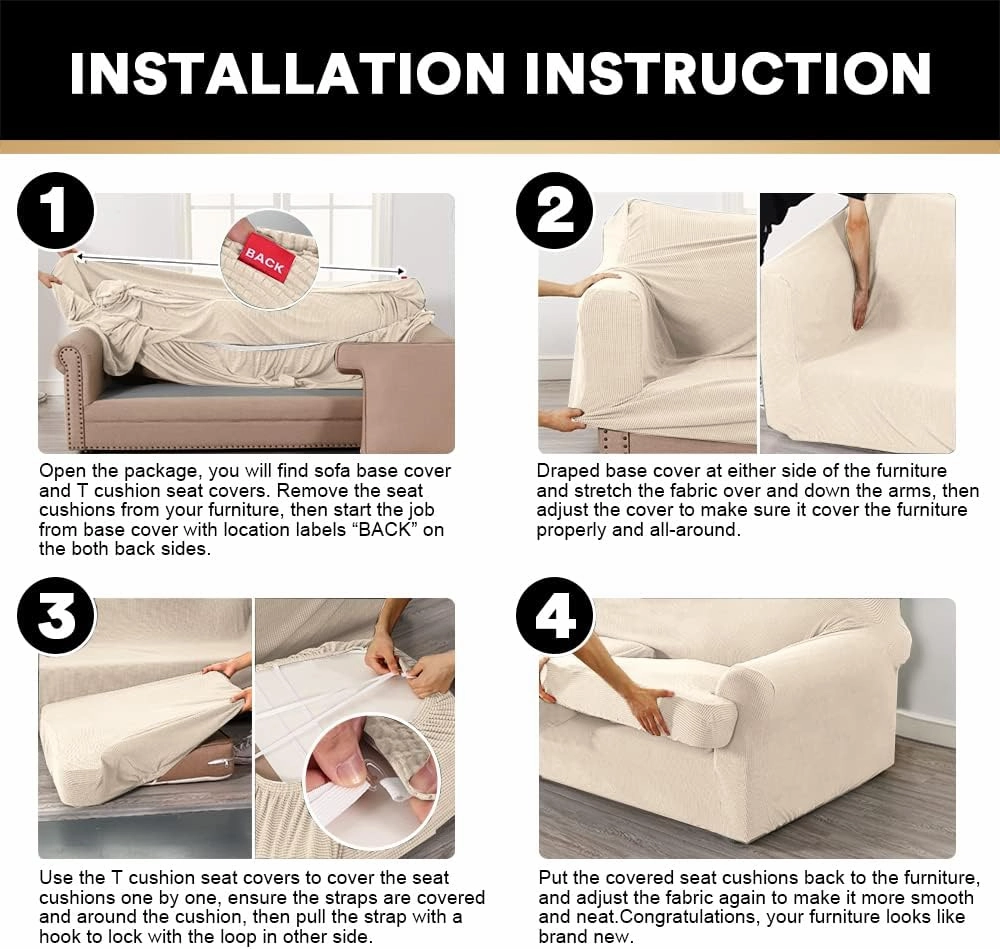 PrinceDeco T Cushion Sofa Slipcover 4 Pieces Sofa Covers for T Cushion Couch Soft Sofa Slip Covers Furniture Protector with 3 Individual T Shape Seat Covers (72"-90") Washable, Natural