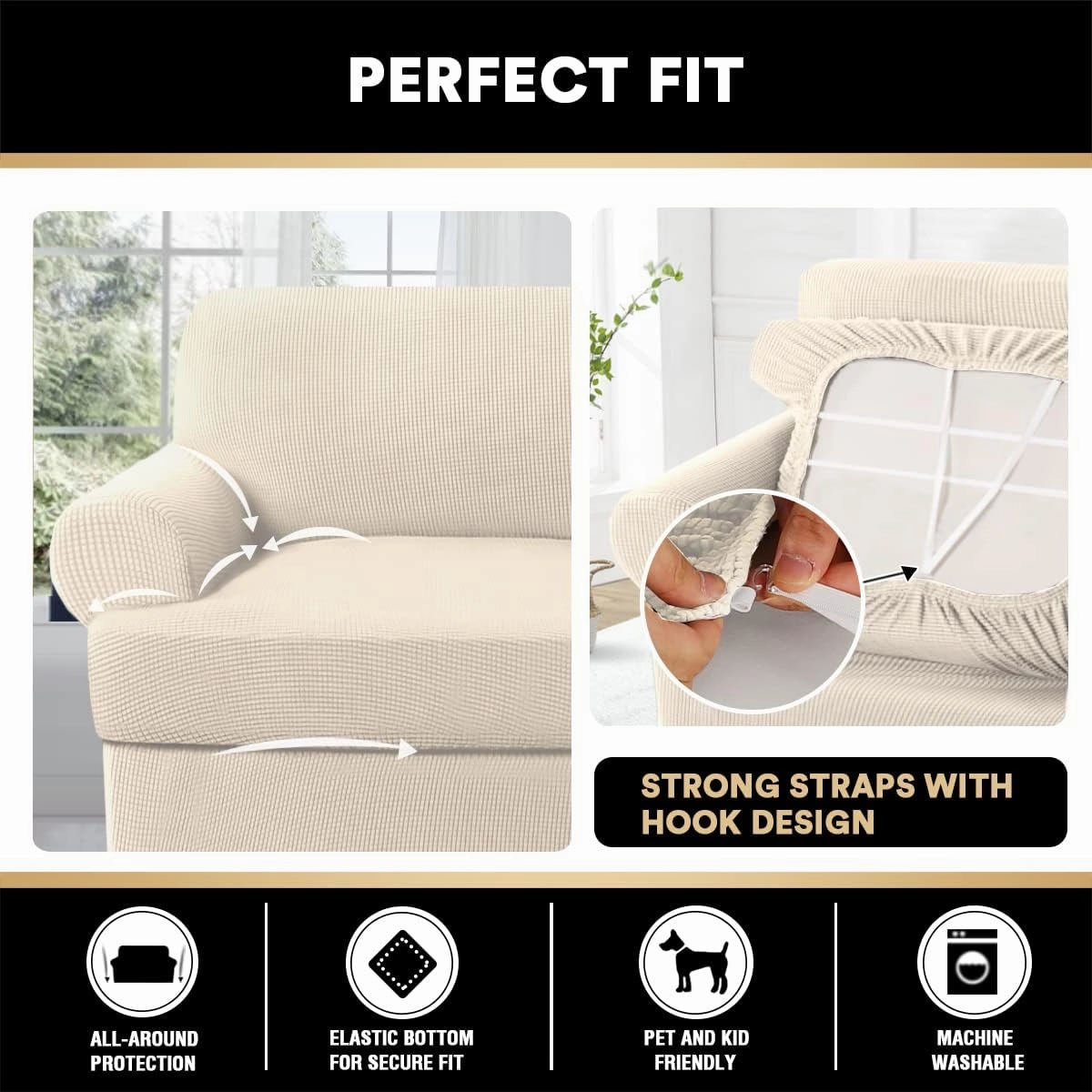 PrinceDeco T Cushion Sofa Slipcover 4 Pieces Sofa Covers for T Cushion Couch Soft Sofa Slip Covers Furniture Protector with 3 Individual T Shape Seat Covers (72"-90") Washable, Natural