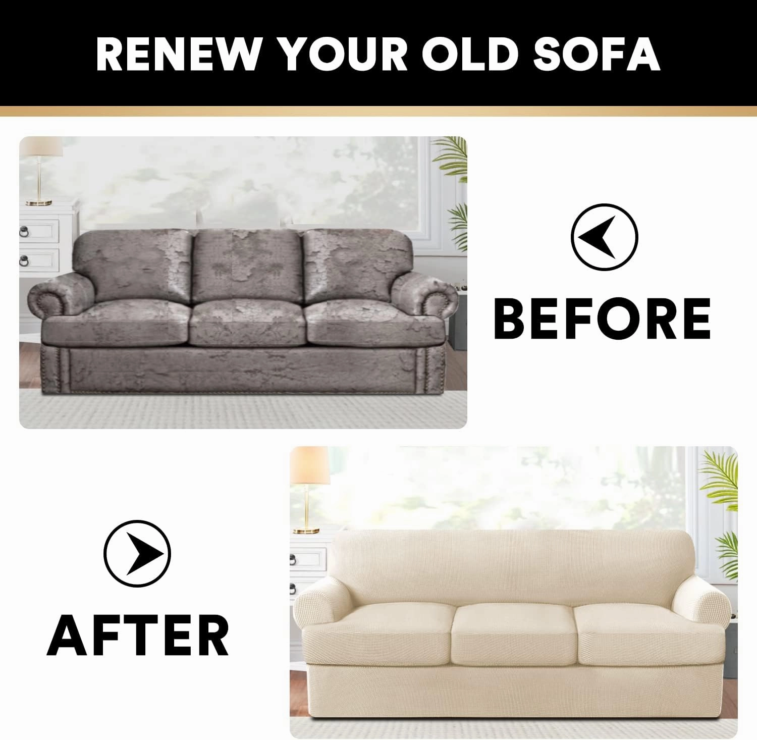 PrinceDeco T Cushion Sofa Slipcover 4 Pieces Sofa Covers for T Cushion Couch Soft Sofa Slip Covers Furniture Protector with 3 Individual T Shape Seat Covers (72"-90") Washable, Natural