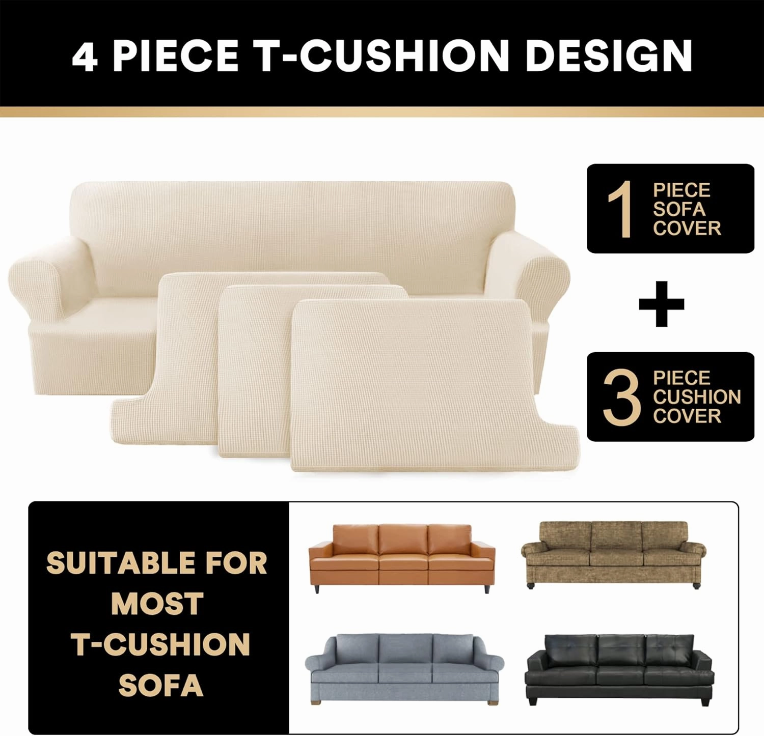 PrinceDeco T Cushion Sofa Slipcover 4 Pieces Sofa Covers for T Cushion Couch Soft Sofa Slip Covers Furniture Protector with 3 Individual T Shape Seat Covers (72"-90") Washable, Natural