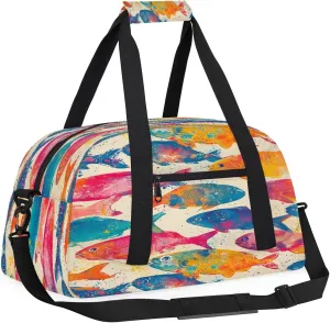 Printed Colorful Fish Kids Overnighter Duffel Bags for Boys, Carry-On Size Sports Gym Bag with Front Zipper Pocket for School Practice or Overnight Travel Weekender Sleepover Tote Bag