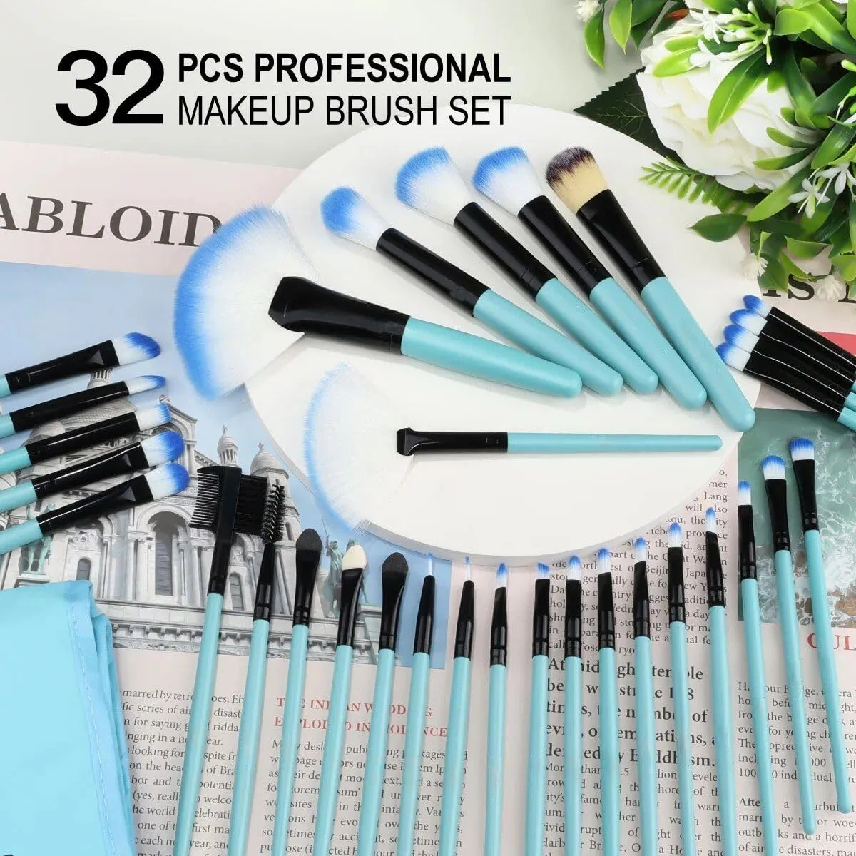 professional makeup brush set with eco-friendly wooden handles and bag pink