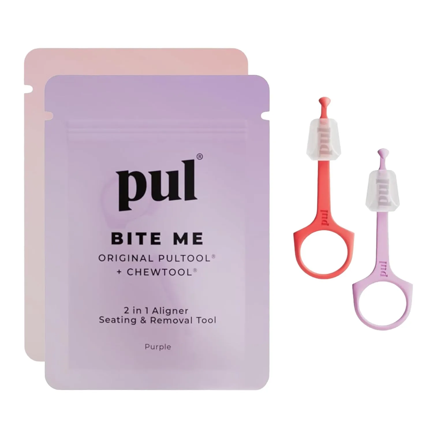 PUL Pack of 2 Reusable 2-in-1 Aligner Seating Chewie & Removal Tool — Compatible with Invisalign, Removable Braces, Retainers, Trays – Easy-to-Use Remover & Chew, Dental & Oral Hygiene – Purple, Pink