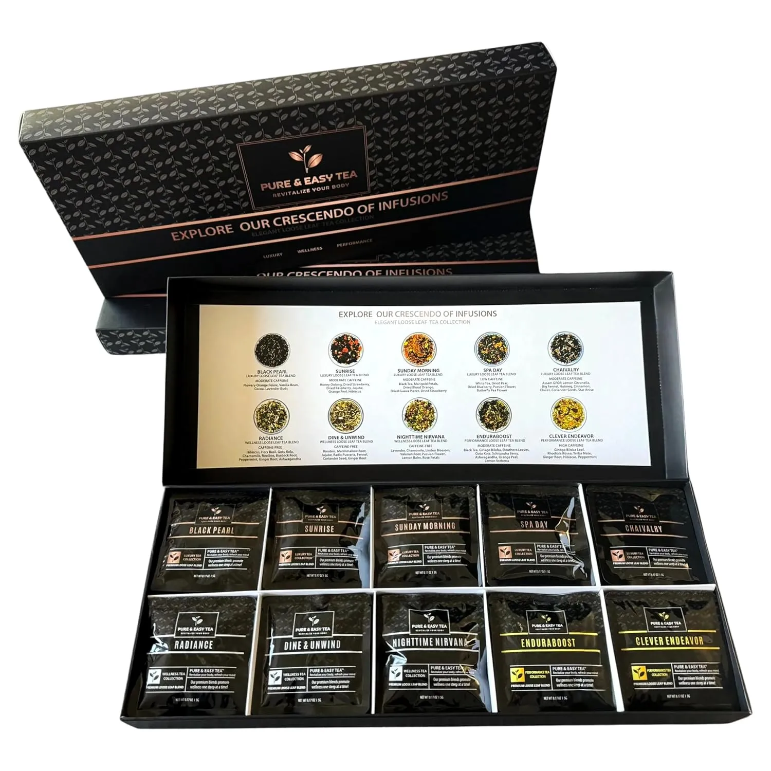 Pure And Easy Tea, Premium Tea Sampler Gift Set, 30 Count Loose Leaf Collection, 10 Assorted Herbal & Caffeinated Blends, 100% Natural, Makes 60 Cups, 150g
