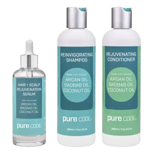 PURE CODE Roots of Health Hair   Scalp Care - Hair-Scalp Rejuvenating Serum for Fuller, Thicker Hair, Reinvigorating Shampoo, and Nourishing Conditioner Set - Natural Hair Product (Set of 3)