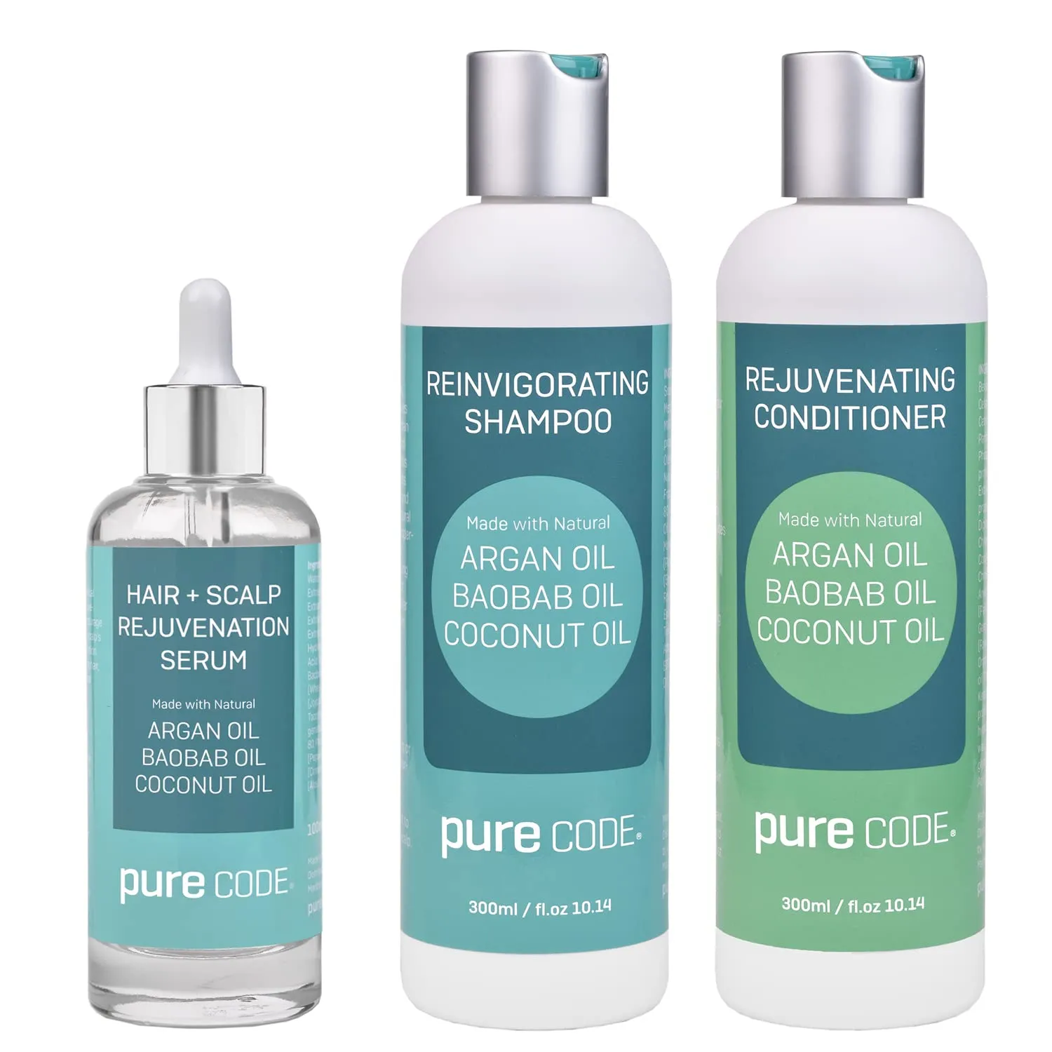 PURE CODE Roots of Health Hair   Scalp Care - Hair-Scalp Rejuvenating Serum for Fuller, Thicker Hair, Reinvigorating Shampoo, and Nourishing Conditioner Set - Natural Hair Product (Set of 3)