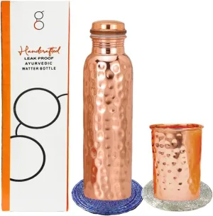 Pure Copper Bottle & Glass Set – 1 Hammered Copper Bottle, 1 Glass with 2 Free Random Color Coasters | Ayurvedic Drinkware for Healthy Hydration | Eco-Friendly & Leak-Proof