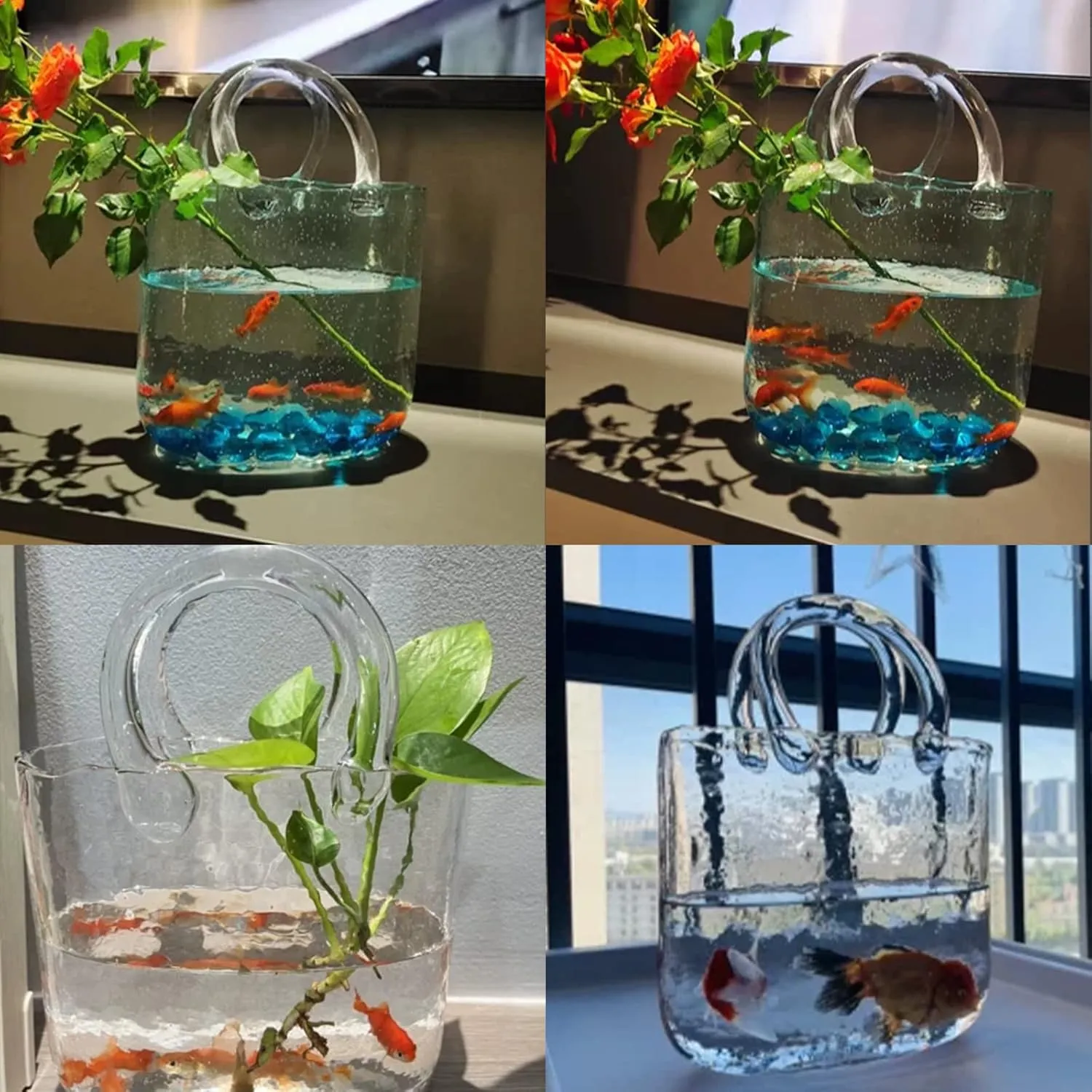 Purse Vase for Flowers, Glass Bag Vase Handmade Flower Vase with Bubble Fish Bowl Vase Handbag Shape Flower Vase for Wedding Home Living Room Table Floral Arrangement Clear