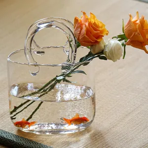 Purse Vase for Flowers, Glass Bag Vase Handmade Flower Vase with Bubble Fish Bowl Vase Handbag Shape Flower Vase for Wedding Home Living Room Table Floral Arrangement Clear