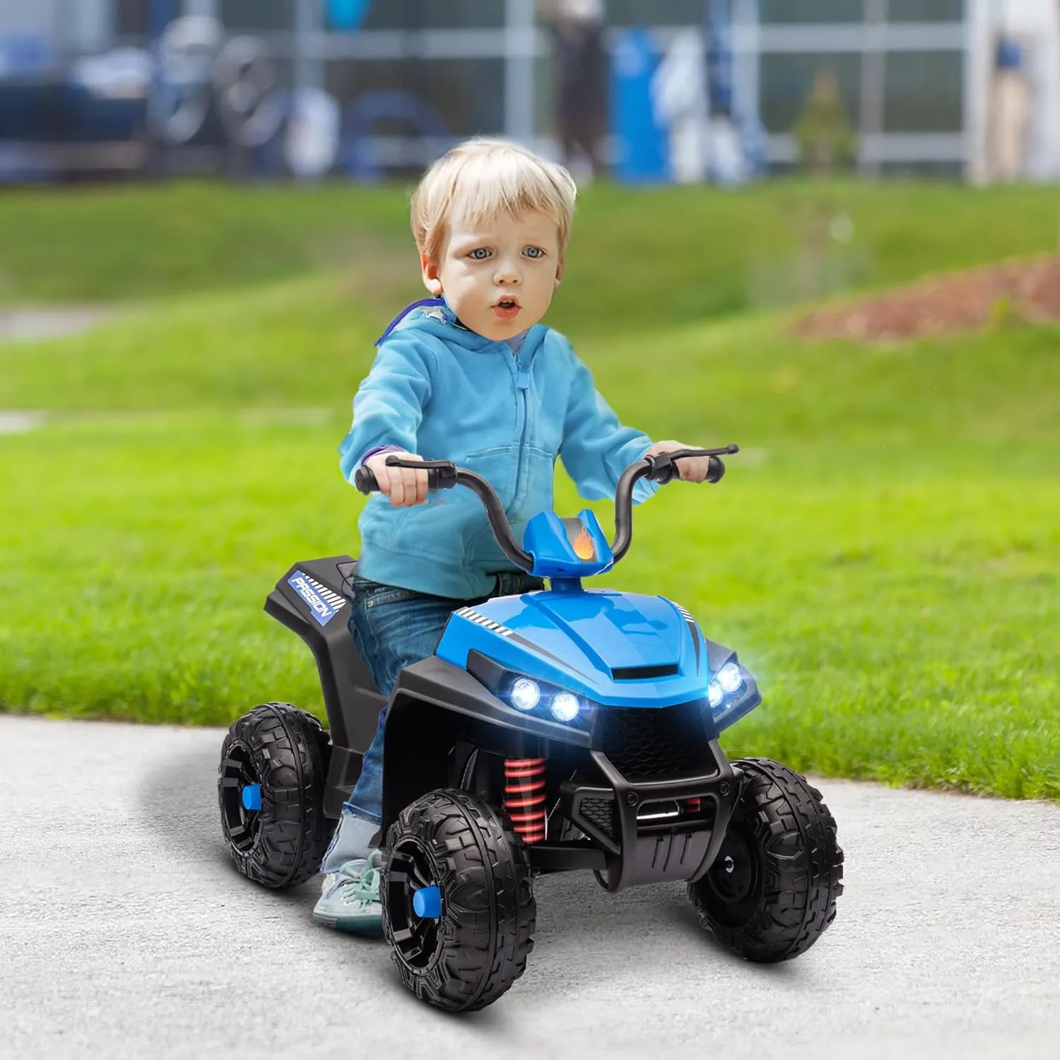 Qaba 12V Kids ATV, Battery Powered Ride on Four Wheeler with Spring Suspension, Forward & Reverse, LED Lights, Music, MP3, Kids Electric Car for Boys Girls, Blue