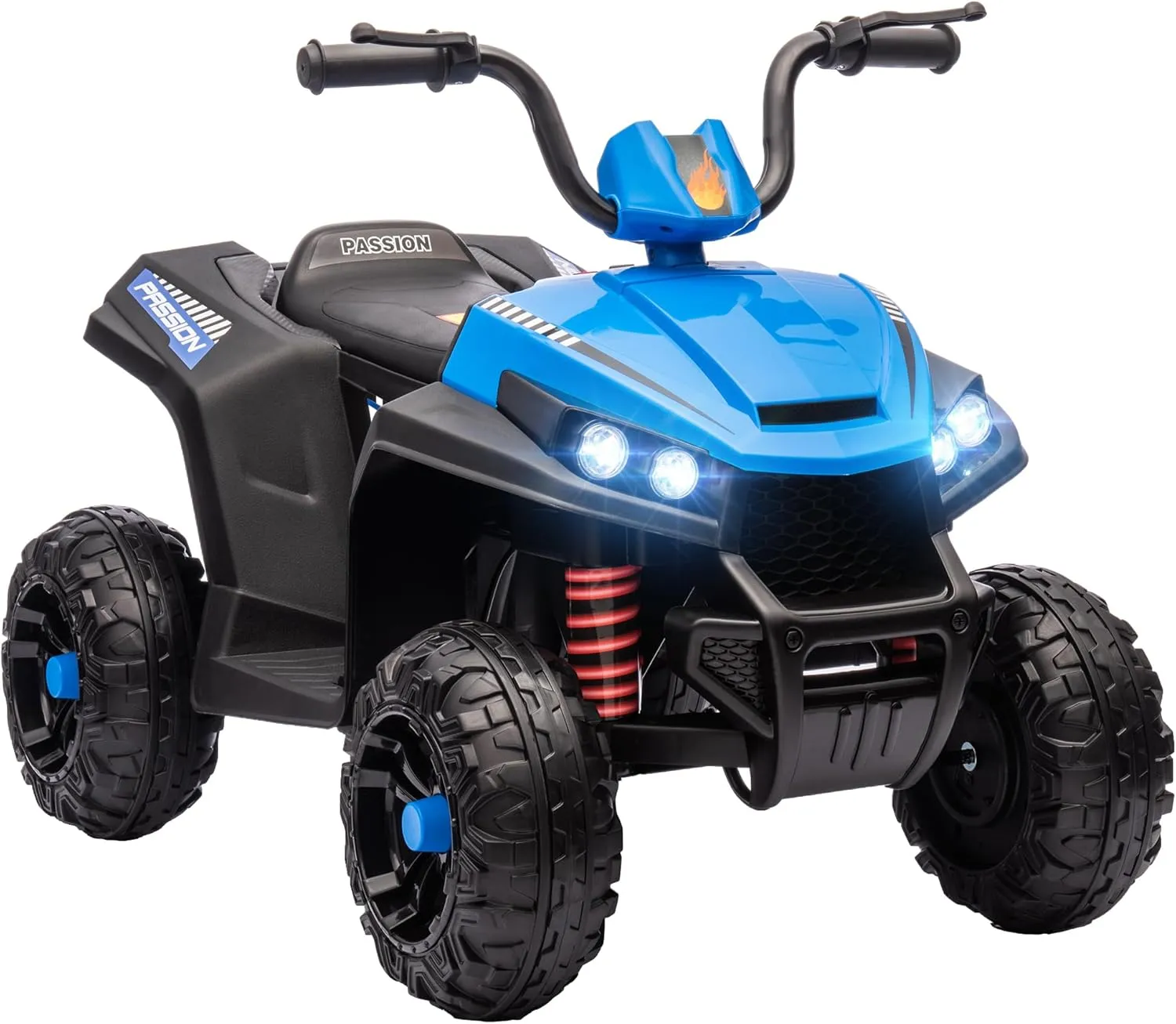Qaba 12V Kids ATV, Battery Powered Ride on Four Wheeler with Spring Suspension, Forward & Reverse, LED Lights, Music, MP3, Kids Electric Car for Boys Girls, Blue