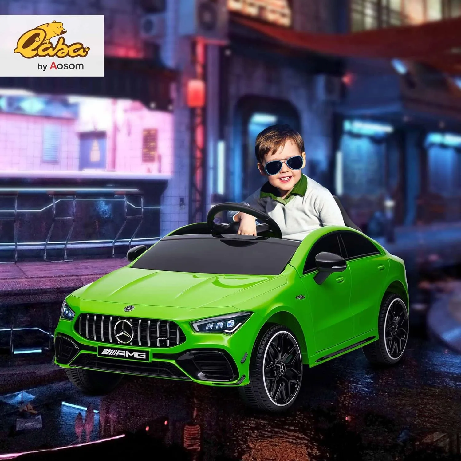 Qaba Mercedes-Benz AMG CLA 45 Licensed 12V Kids Electric Car, Battery Powered Ride on Car with Remote Control, Transport Wheels, Spring Suspension, LED Lights, Music Horn, Green