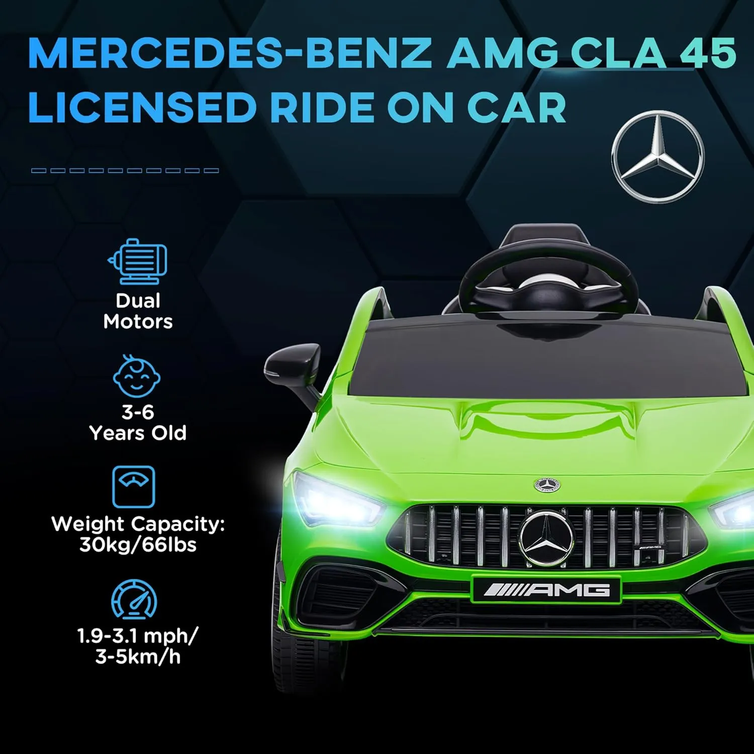 Qaba Mercedes-Benz AMG CLA 45 Licensed 12V Kids Electric Car, Battery Powered Ride on Car with Remote Control, Transport Wheels, Spring Suspension, LED Lights, Music Horn, Green