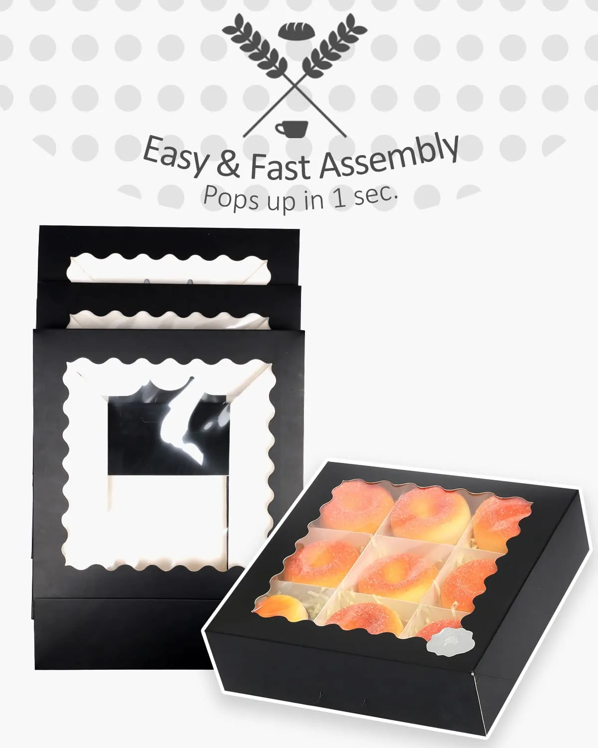 qiqee Auto-pop up Black Pie Boxes with Window 10x10x2.5 inch 30Packs Cookie Donut Bakery Box