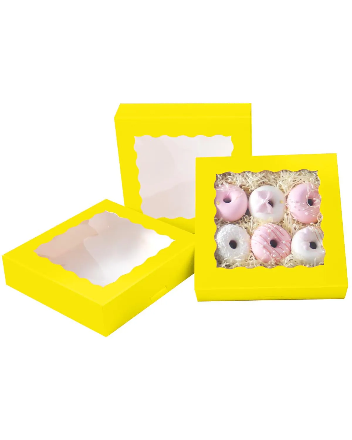 qiqee Auto-pop Up Yellow Pie Boxes with Window 10x10x2.5 inch 30Packs Cookie Donut Bakery Box