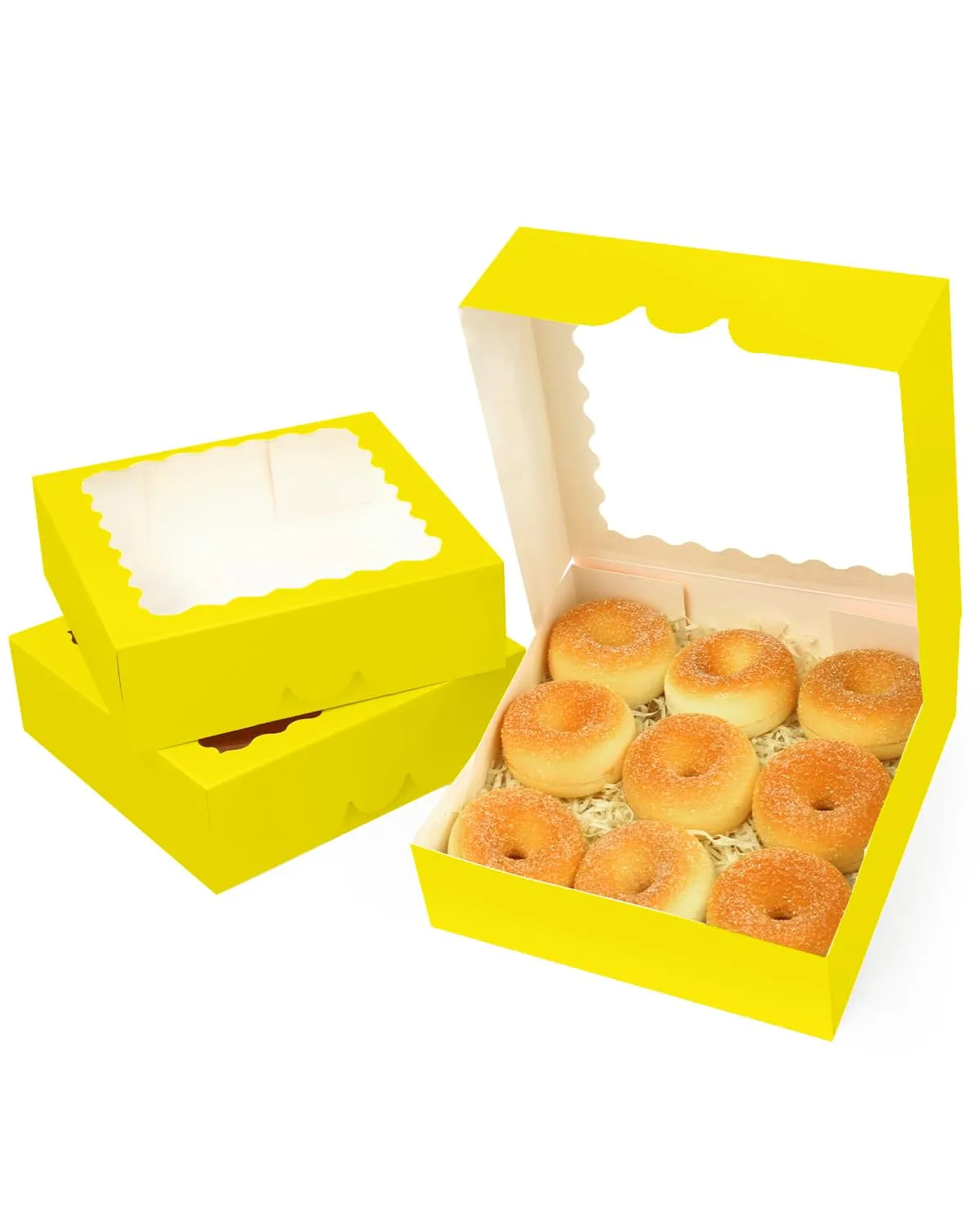 qiqee Auto-pop Up Yellow Pie Boxes with Window 10x10x2.5 inch 30Packs Cookie Donut Bakery Box
