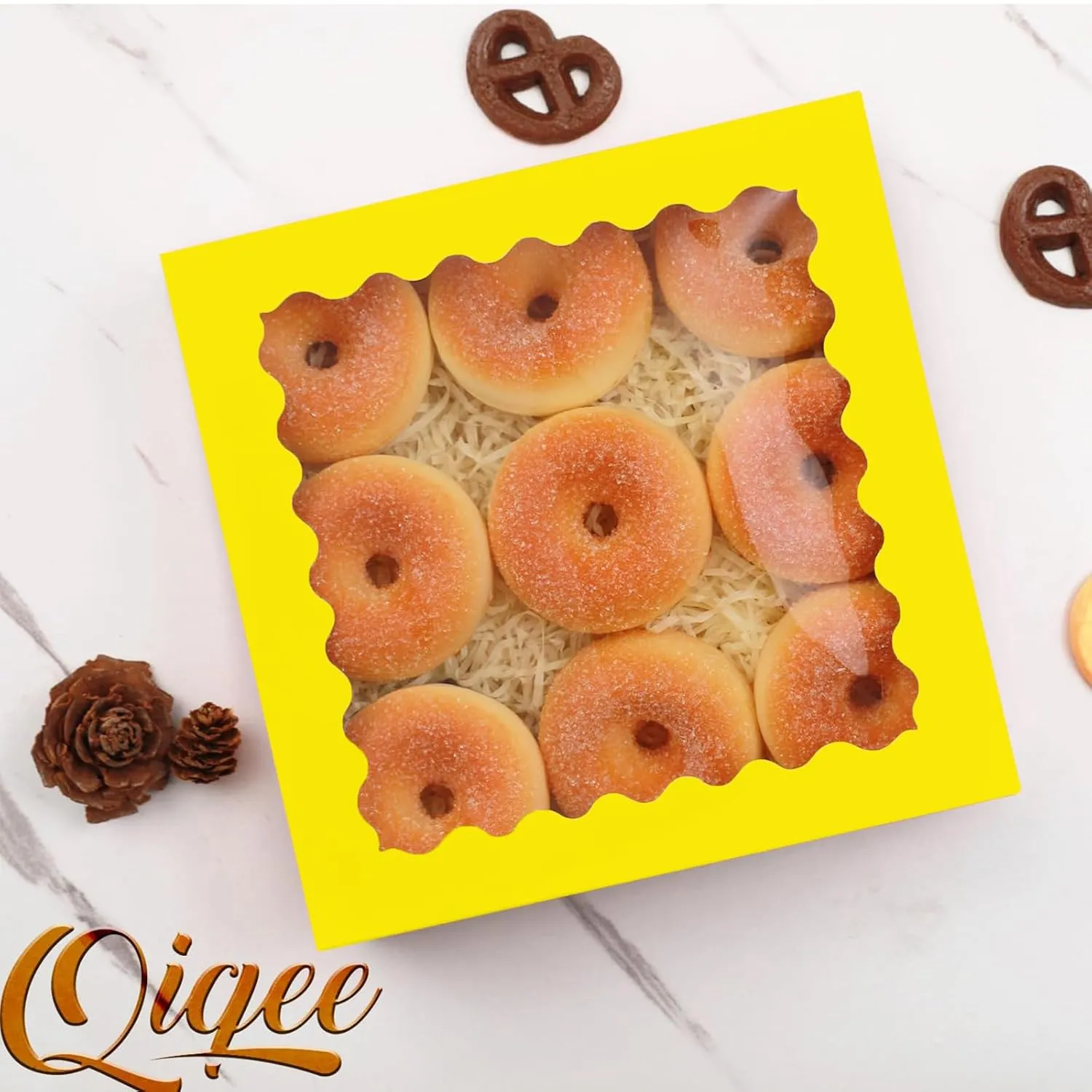 qiqee Auto-pop Up Yellow Pie Boxes with Window 10x10x2.5 inch 30Packs Cookie Donut Bakery Box