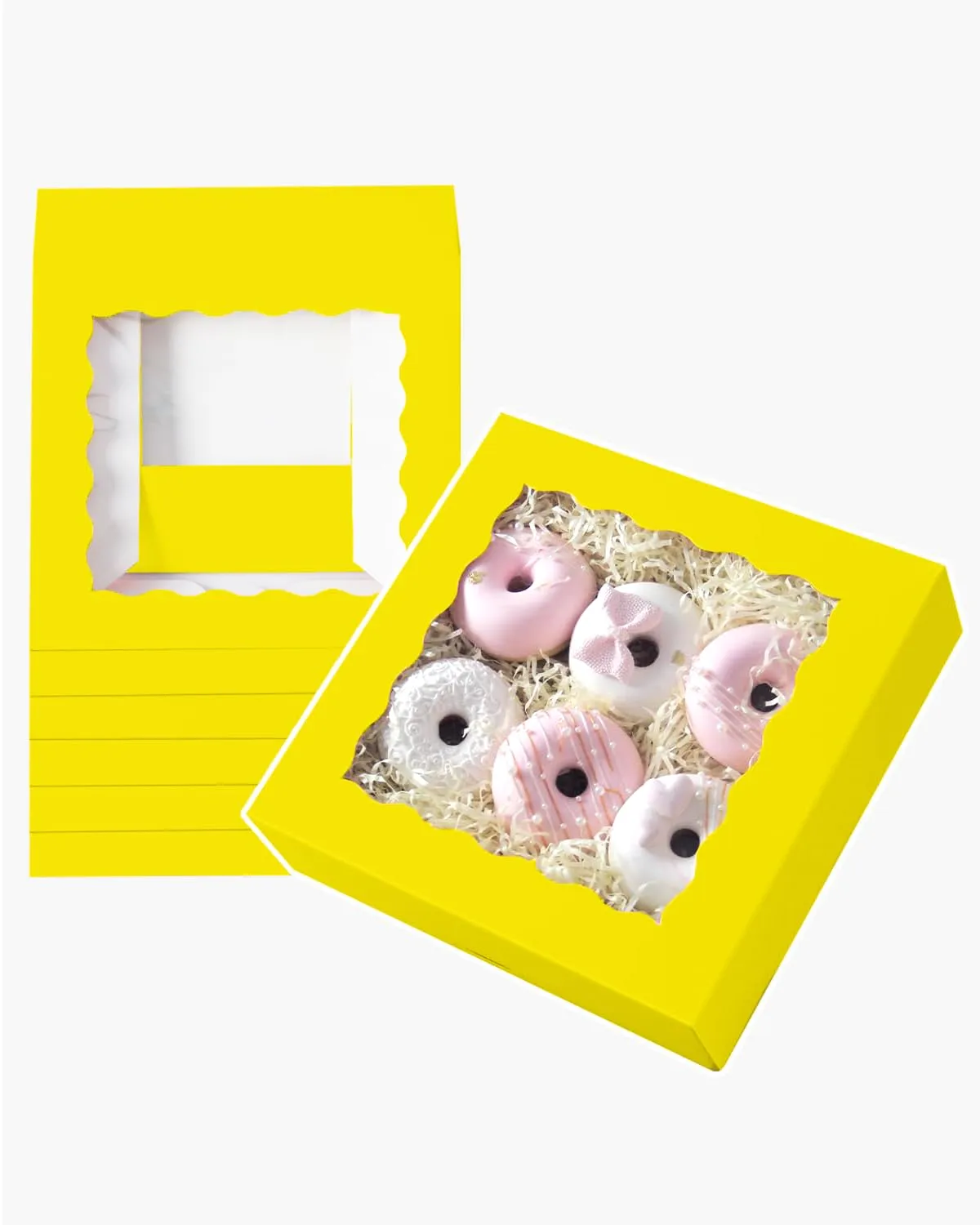 qiqee Auto-pop Up Yellow Pie Boxes with Window 10x10x2.5 inch 30Packs Cookie Donut Bakery Box