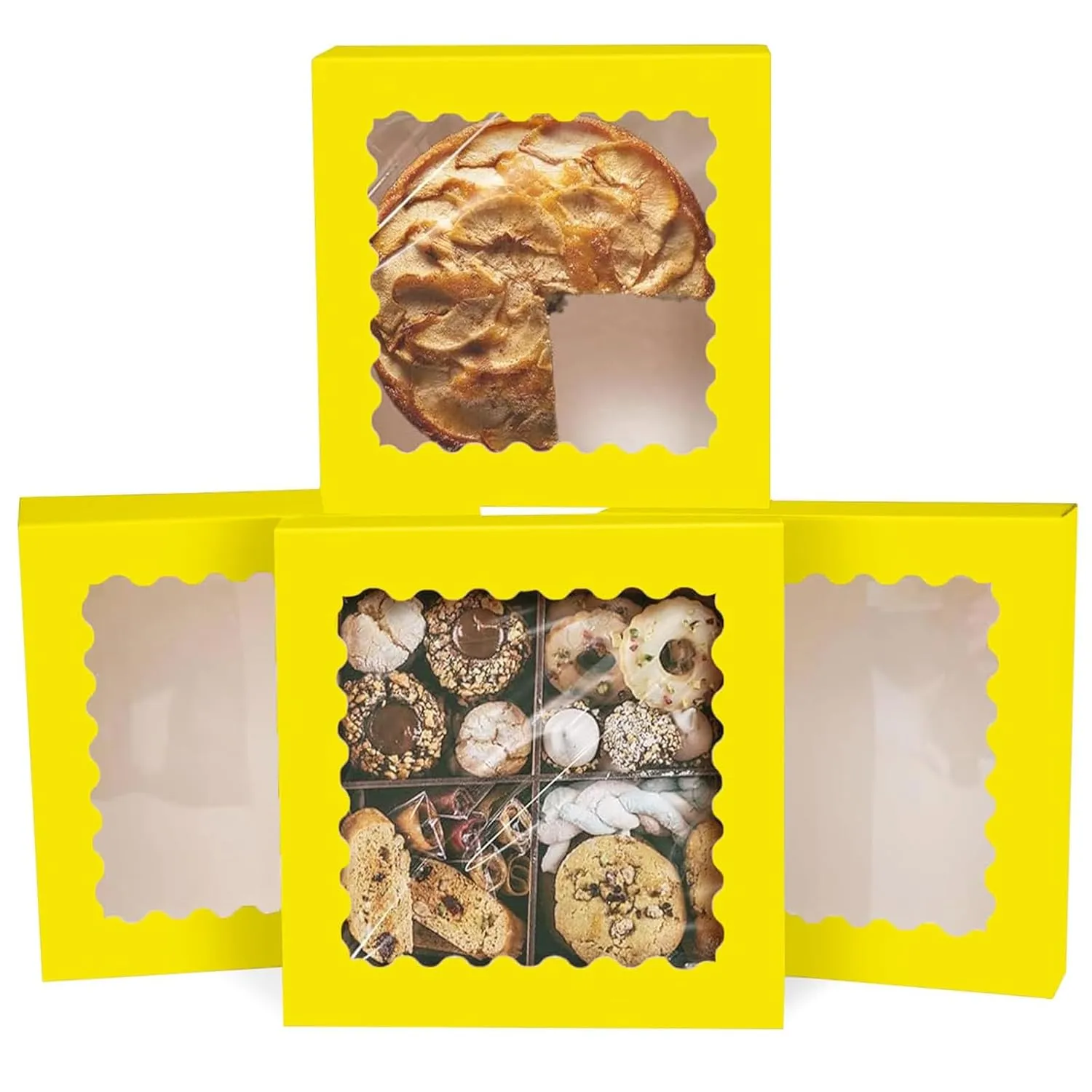 qiqee Auto-pop Up Yellow Pie Boxes with Window 10x10x2.5 inch 30Packs Cookie Donut Bakery Box