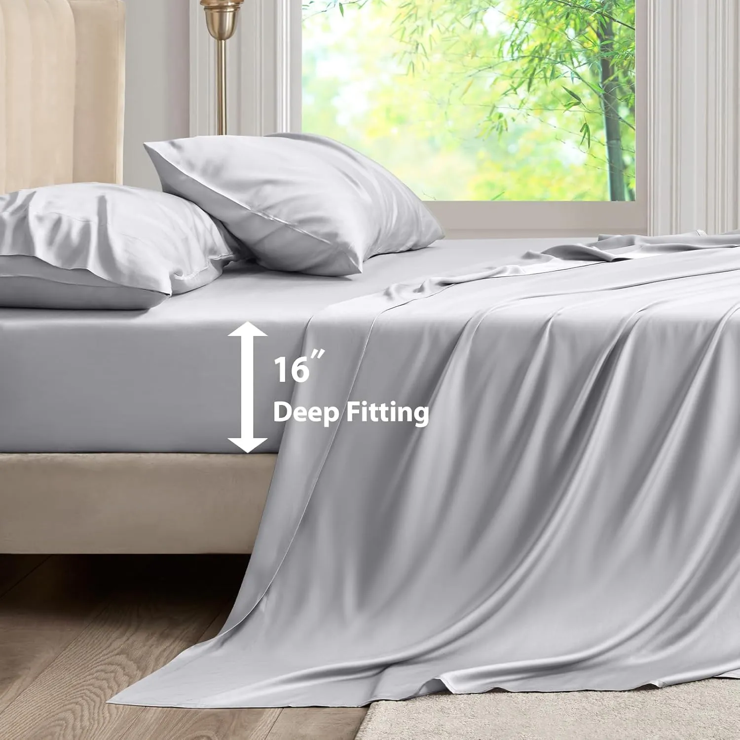 Queen Sheet Set, 100% Rayon Derived from Bamboo, 4-Piece, 16 Inch Deep Pockets, Cooling Sheets for Queen Size Bed Set, Breathable & Silky Soft, Hotel Bedding Sheets & Pillowcases, Gray