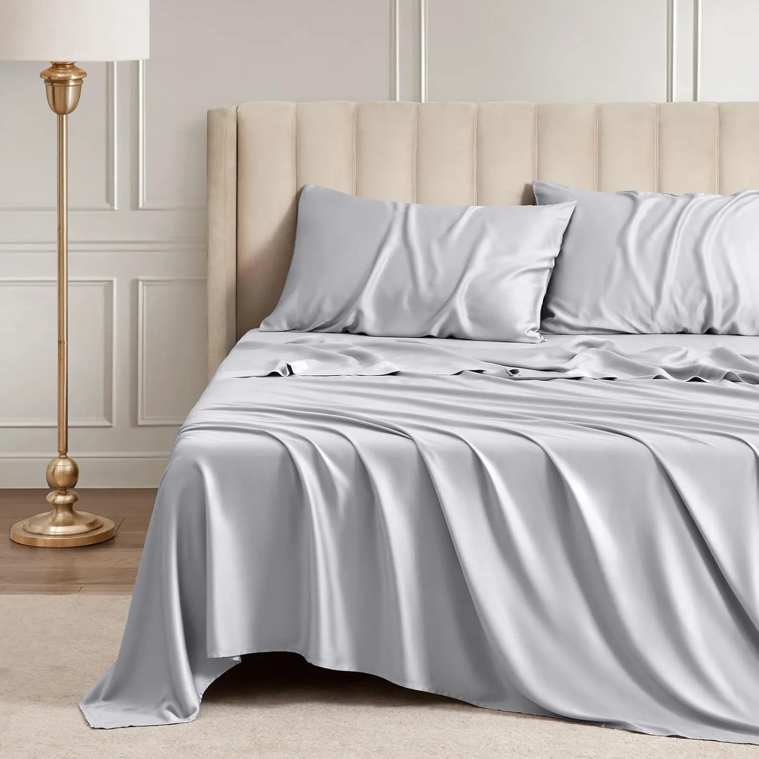 Queen Sheet Set, 100% Rayon Derived from Bamboo, 4-Piece, 16 Inch Deep Pockets, Cooling Sheets for Queen Size Bed Set, Breathable & Silky Soft, Hotel Bedding Sheets & Pillowcases, Gray