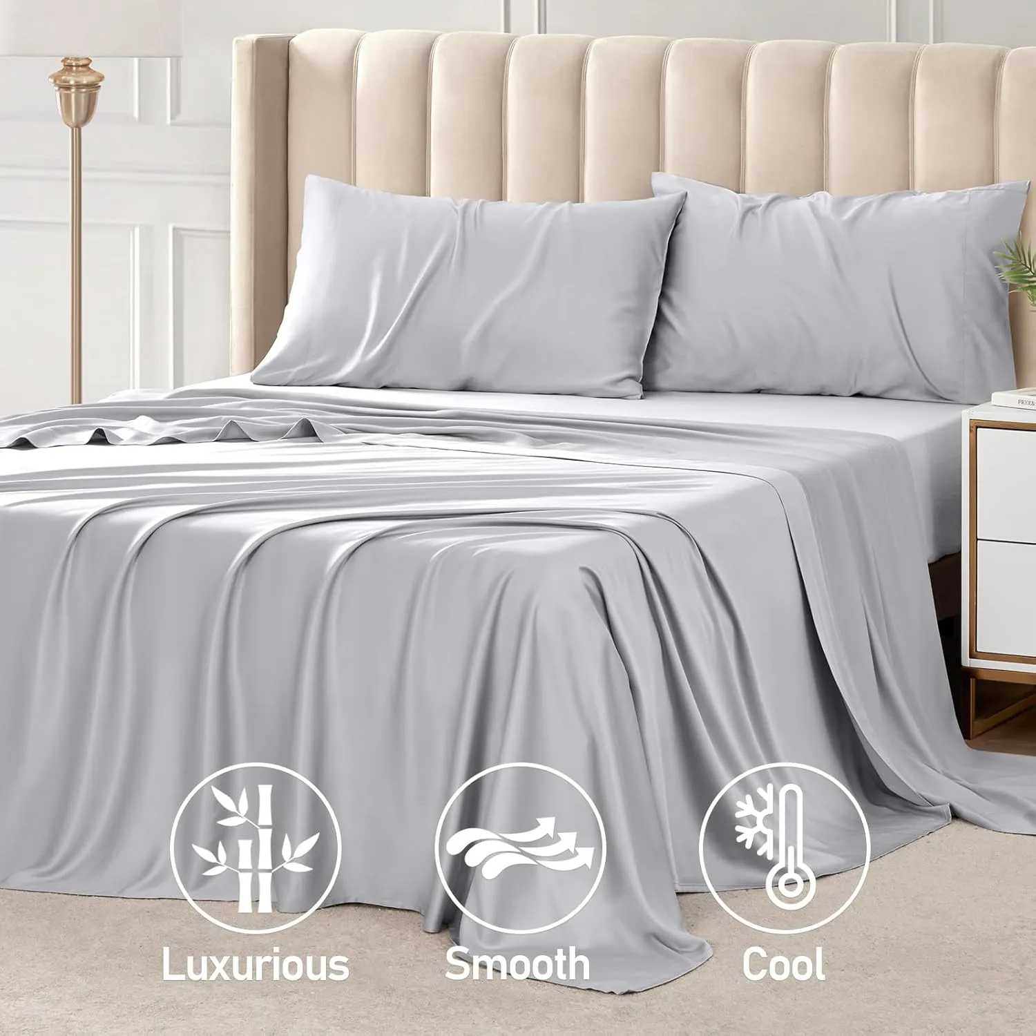 Queen Sheet Set, 100% Rayon Derived from Bamboo, 4-Piece, 16 Inch Deep Pockets, Cooling Sheets for Queen Size Bed Set, Breathable & Silky Soft, Hotel Bedding Sheets & Pillowcases, Gray