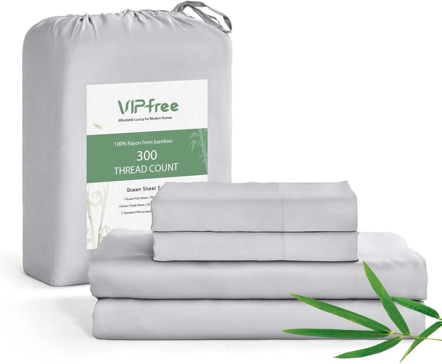Queen Sheet Set, 100% Rayon Derived from Bamboo, 4-Piece, 16 Inch Deep Pockets, Cooling Sheets for Queen Size Bed Set, Breathable & Silky Soft, Hotel Bedding Sheets & Pillowcases, Gray