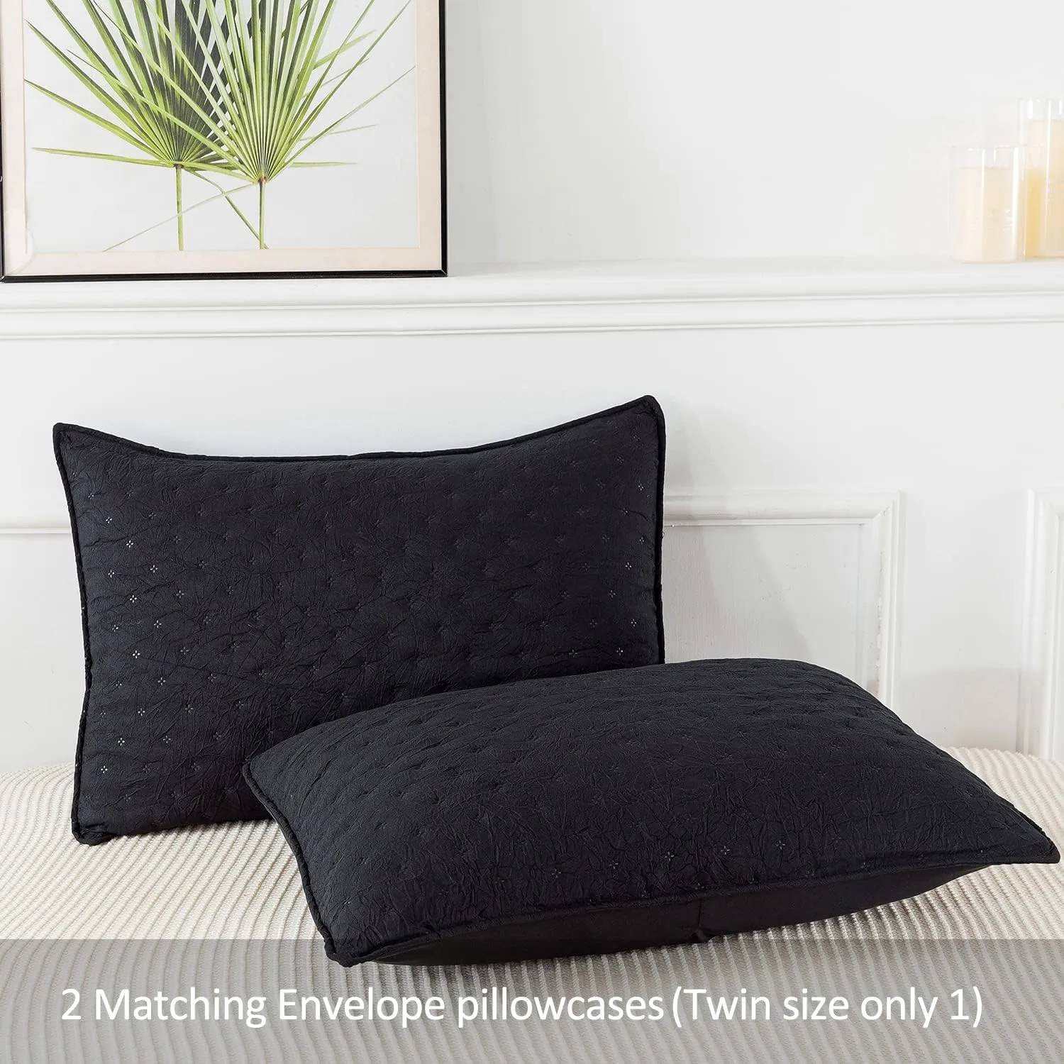 Queen Size Bed in Bed 90""x90"", 3-Piece Comforter Set Queen - 480GSM Trendy Creased Embossed Quilt Design Shabby Chic Farmhouse Comforter Set for All Season, Black