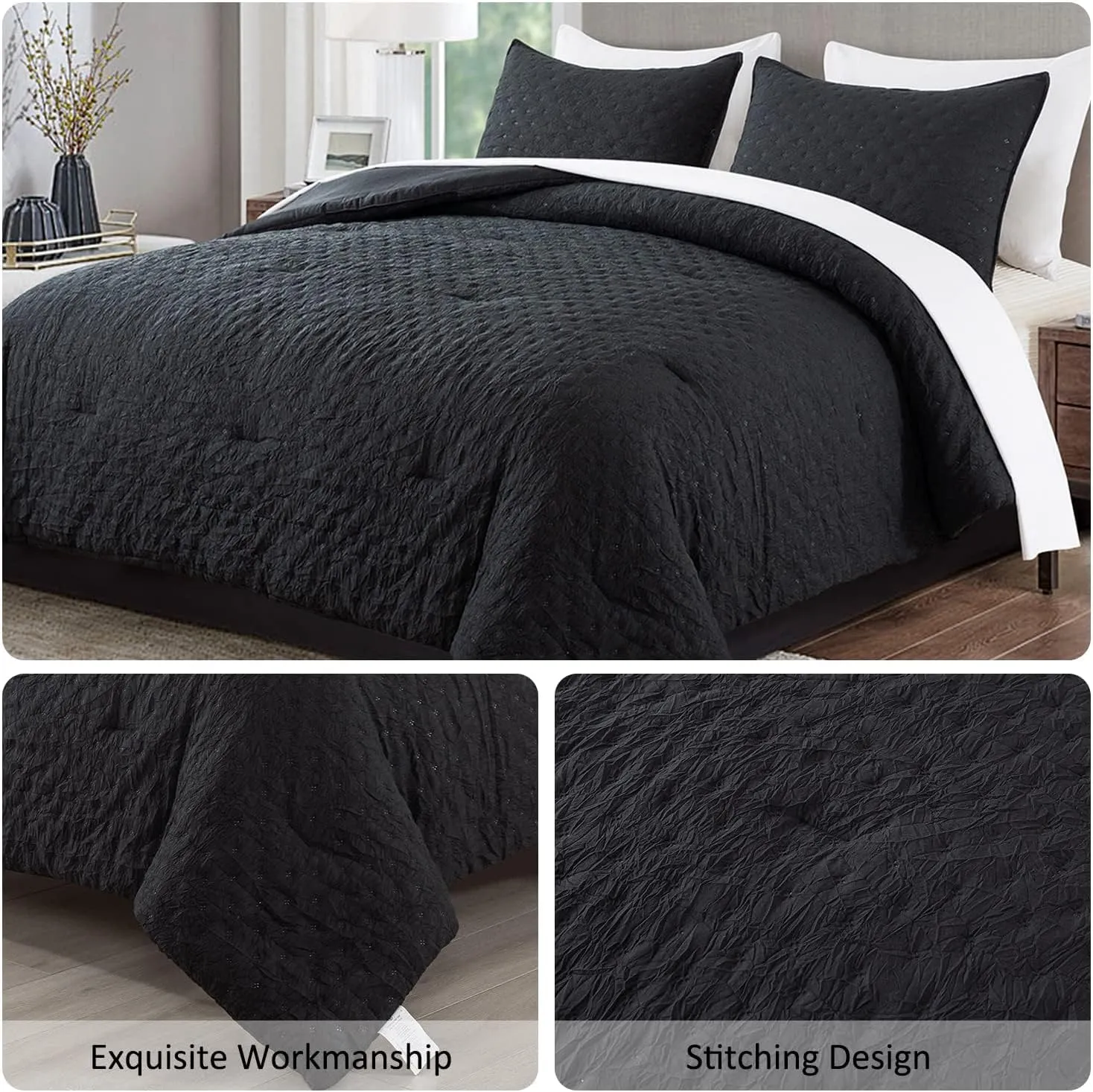 Queen Size Bed in Bed 90""x90"", 3-Piece Comforter Set Queen - 480GSM Trendy Creased Embossed Quilt Design Shabby Chic Farmhouse Comforter Set for All Season, Black