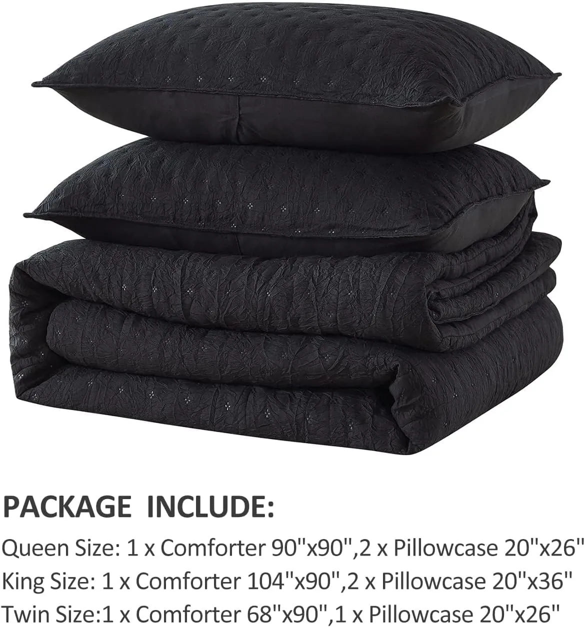 Queen Size Bed in Bed 90""x90"", 3-Piece Comforter Set Queen - 480GSM Trendy Creased Embossed Quilt Design Shabby Chic Farmhouse Comforter Set for All Season, Black