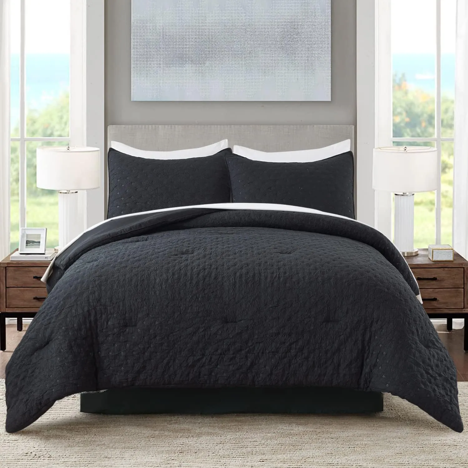 Queen Size Bed in Bed 90""x90"", 3-Piece Comforter Set Queen - 480GSM Trendy Creased Embossed Quilt Design Shabby Chic Farmhouse Comforter Set for All Season, Black