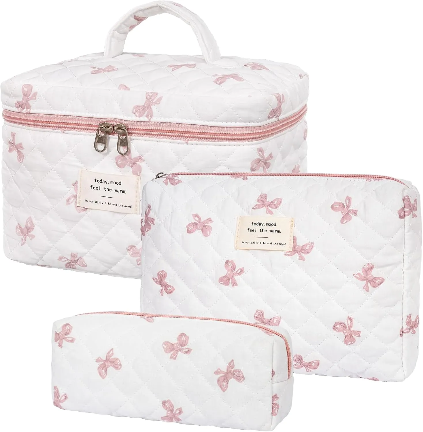 Quilted Makeup Bag,Large Cosmetics Bag Set,Coquette Floral Make up Pouch,Travel Toiletry Bag for Women