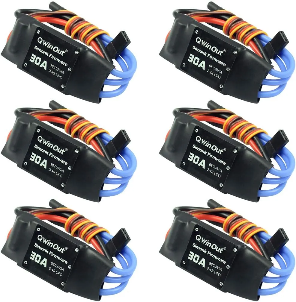 QWinOut 2-4S 30A RC Brushless ESC Simonk Firmware Electric Speed Controller with 5V 3A BEC with 3.5mm Female Banana Bullet for 2 to 4s Lipo Battery, DIY Multicopter Quadcopter (30A, 6 pcs)