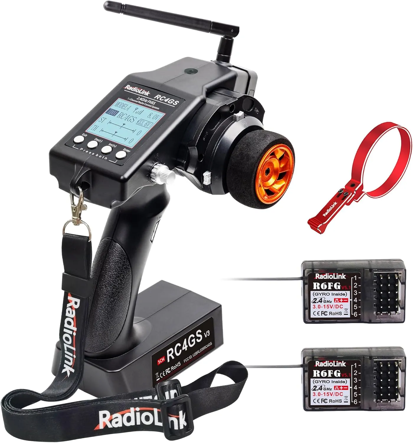 Radiolink RC4GS V3 5 Channel RC Radio Transmitter and 2Pcs R6FG Receiver with Gyro 2.4ghz, One-Hand Handwheel Control Accessory 400M Remote Controller Kit for Car/Boat/Crawler/Tank