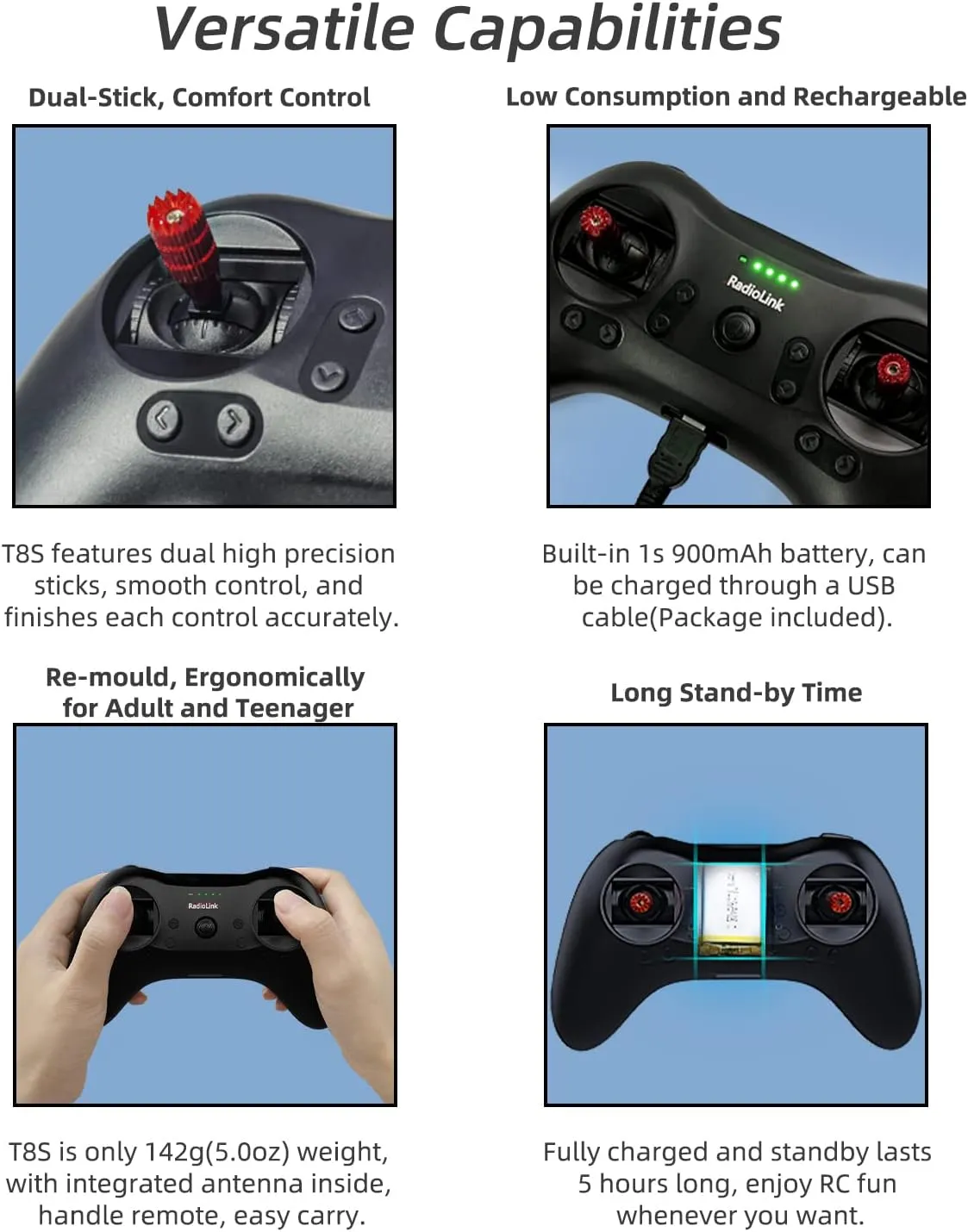 Radiolink T8S 8 Channels 2.4G RC Pocket Size Transmitter and Receiver R8EF RX, Radio Remote Controller, Built-in Rechargeable 1S Battery for Quad Drone/Airplane/Car/Boat/Robot and More (M2 Left Hand)