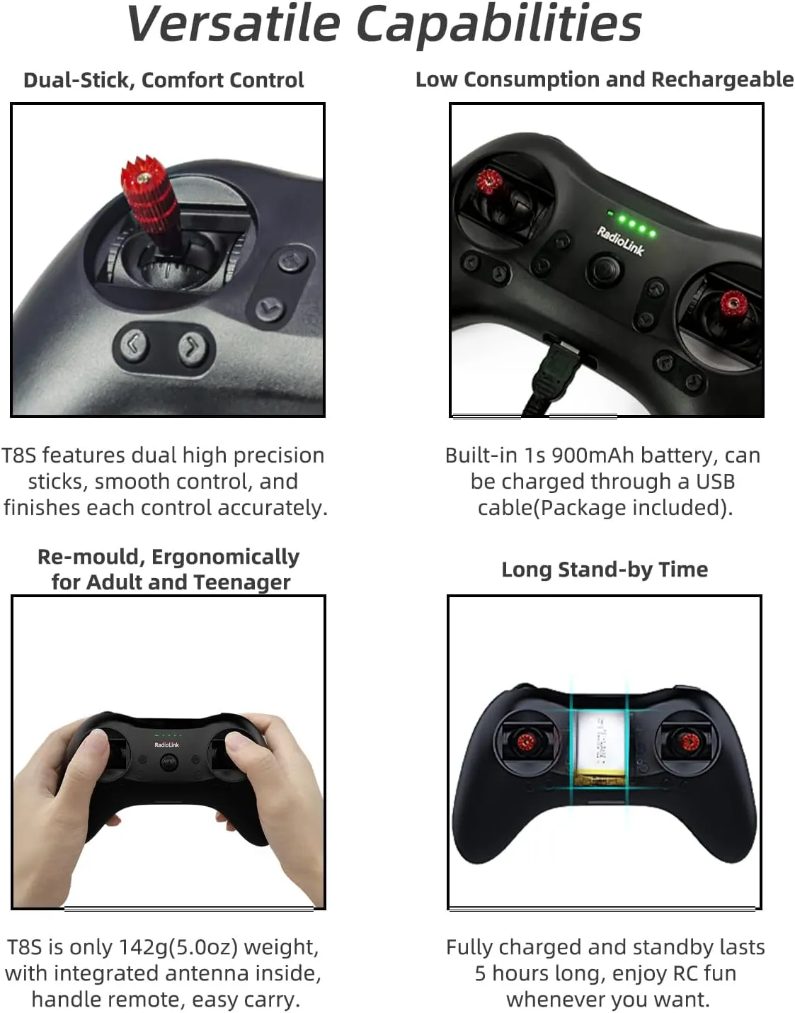 Radiolink T8S 8 Channels 2.4GHz RC Pocket Size Portable Transmitter and Receiver R8EF RX, Remote and Controller Built-in Rechargeable Battery for Quad/Airplane/Car/Boat and More (Mode 2 Left Hand)