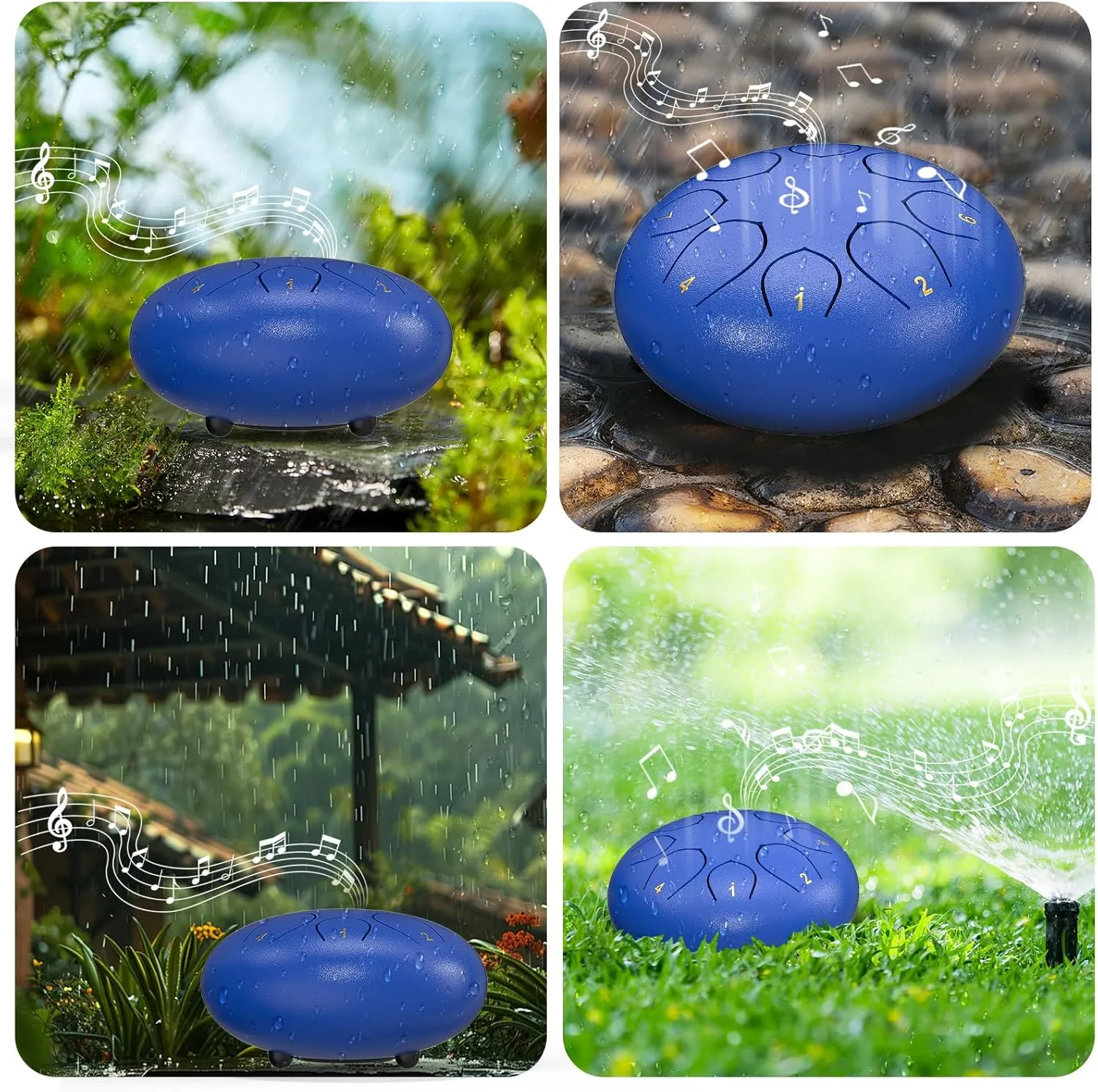 Rain Drum for Outside Garden, 6 Inches 8 Notes Steel Tongue Chakra Drums, Waterproof Meditation Echo Rain Chime, Musical Instruments for Adult Gift with Bag, Music Book (Dark Blue)