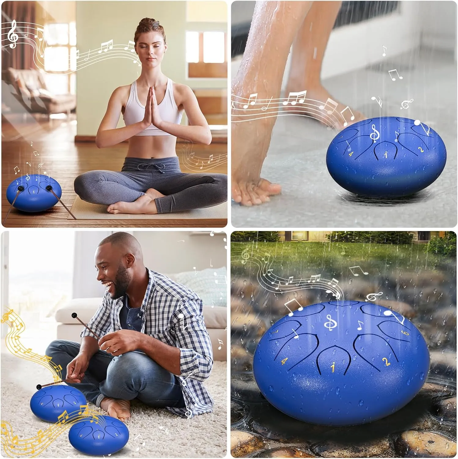 Rain Drum for Outside Garden, 6 Inches 8 Notes Steel Tongue Chakra Drums, Waterproof Meditation Echo Rain Chime, Musical Instruments for Adult Gift with Bag, Music Book (Dark Blue)