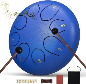 Rain Drum for Outside Garden, 6 Inches 8 Notes Steel Tongue Chakra Drums, Waterproof Meditation Echo Rain Chime, Musical Instruments for Adult Gift with Bag, Music Book (Dark Blue)