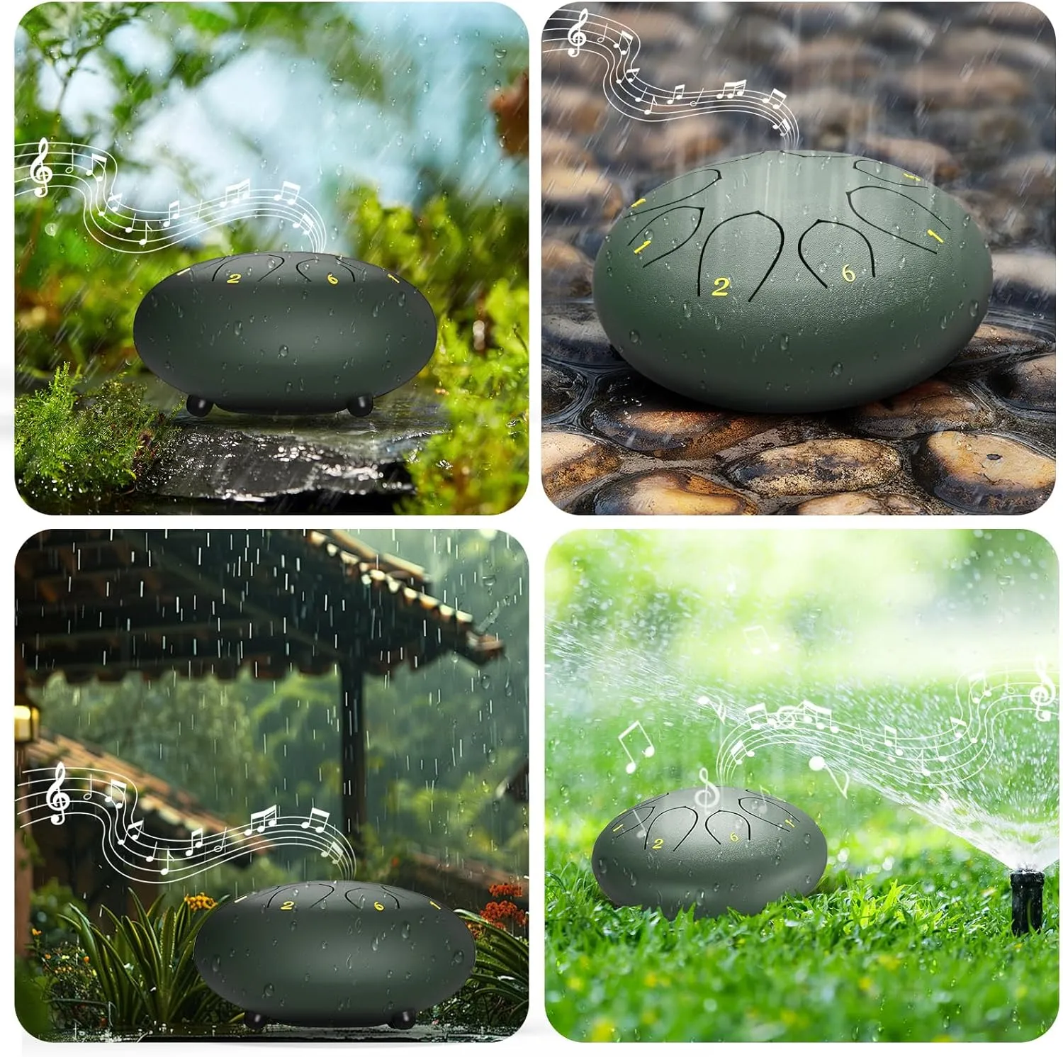 Rain Drum for Outside Garden, 6 Inches 8 Notes Steel Tongue Chakra Drums, Waterproof Meditation Rain Chime, Musical Instruments for Adult Gift with Bag, Music Book, Drum Mallets (Green)