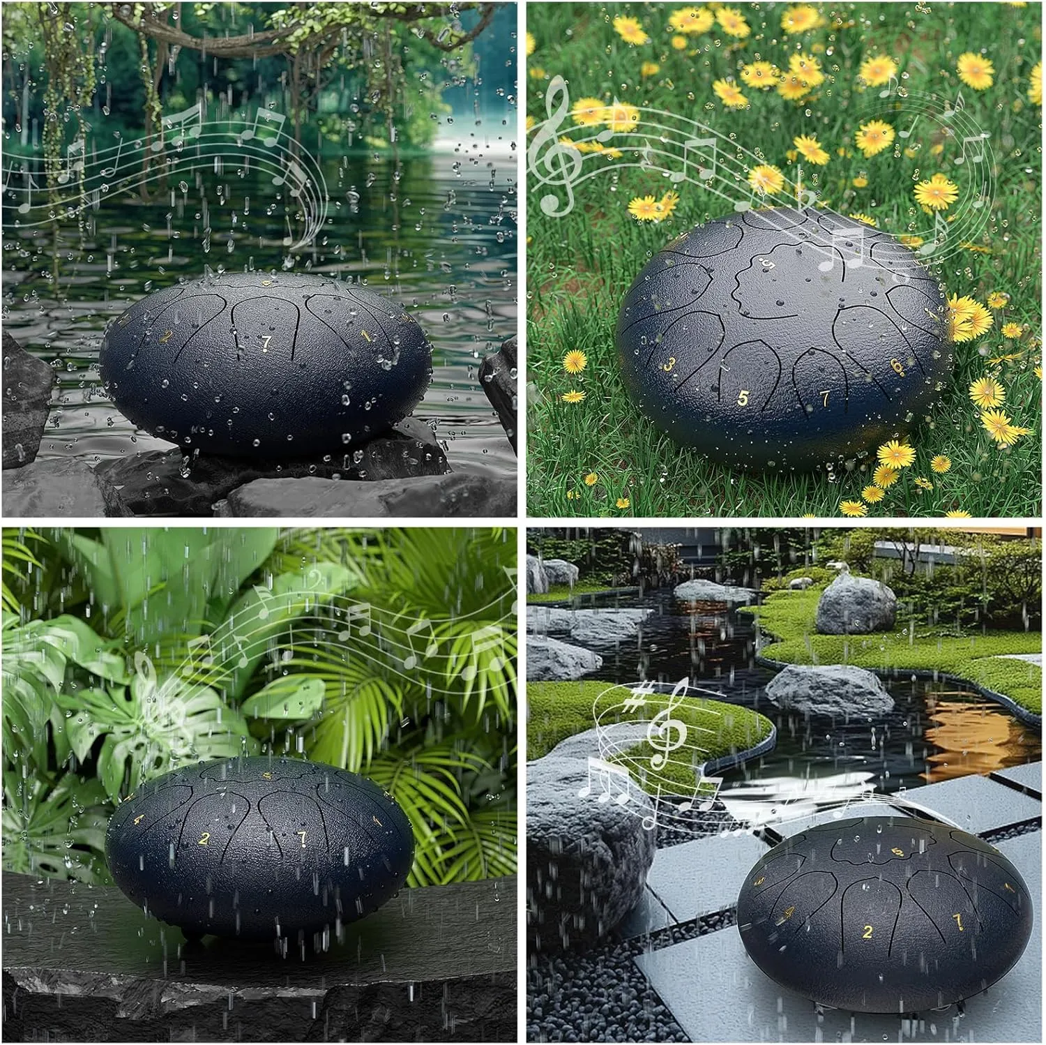 Rain Drum for Outside Garden, 8 Inches 11 Notes Steel Tongue Chakra, Waterproof Rain Chime Meditation, Musical Instruments for Adult Gift With Bag, Music Book, Mallets (Navy Blue)