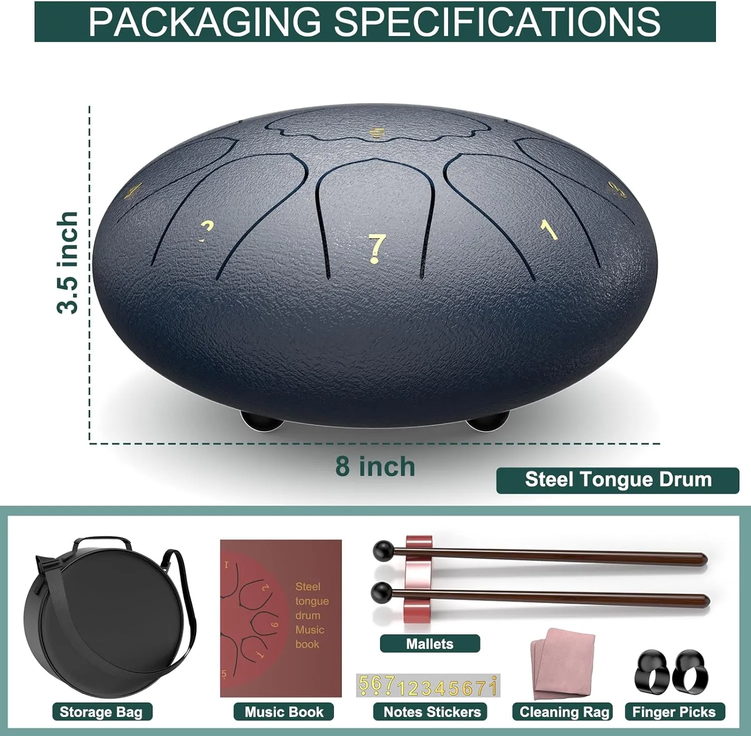 Rain Drum for Outside Garden, 8 Inches 11 Notes Steel Tongue Chakra, Waterproof Rain Chime Meditation, Musical Instruments for Adult Gift With Bag, Music Book, Mallets (Navy Blue)