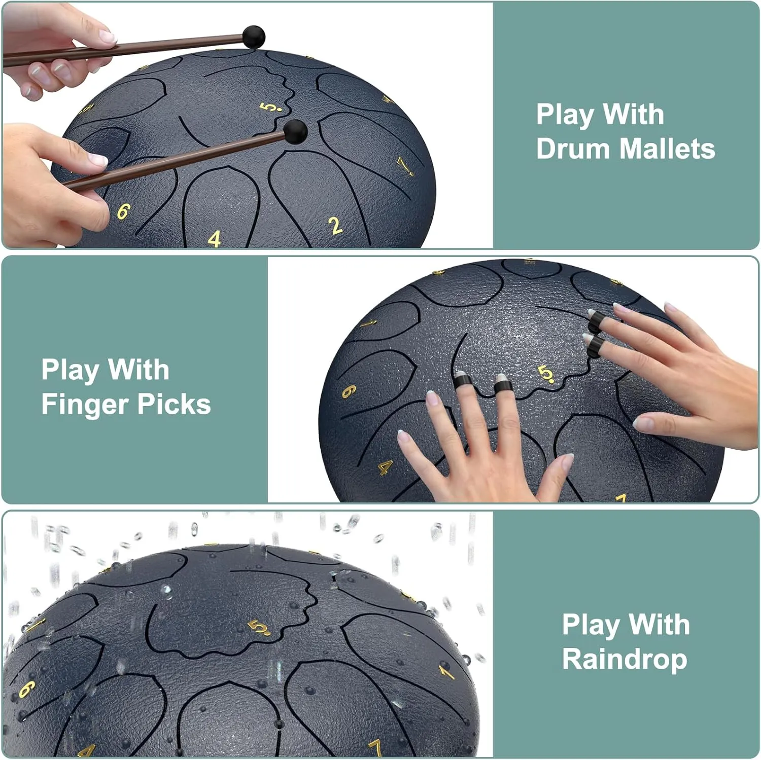 Rain Drum for Outside Garden, 8 Inches 11 Notes Steel Tongue Chakra, Waterproof Rain Chime Meditation, Musical Instruments for Adult Gift With Bag, Music Book, Mallets (Navy Blue)
