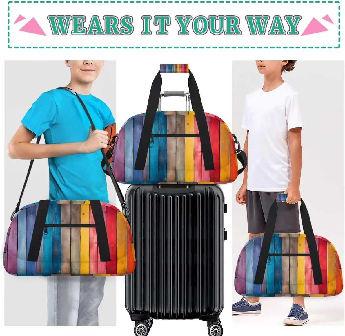 Rainbow Wood Grain Kids Overnighter Duffel Bags for Boys, Carry-On Size Sports Gym Bag with Front Zipper Pocket for School Practice or Overnight Travel Weekender Sleepover Tote Bag