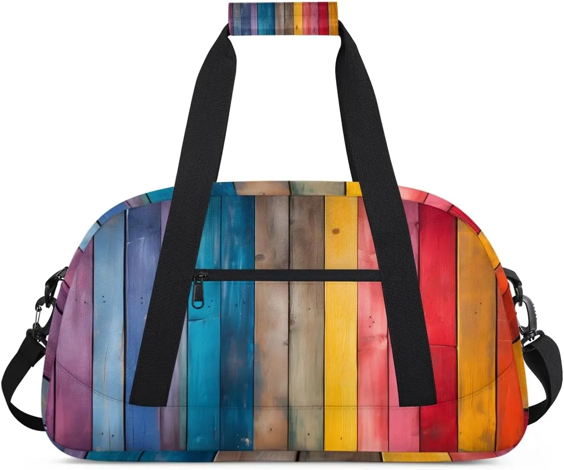 Rainbow Wood Grain Kids Overnighter Duffel Bags for Boys, Carry-On Size Sports Gym Bag with Front Zipper Pocket for School Practice or Overnight Travel Weekender Sleepover Tote Bag