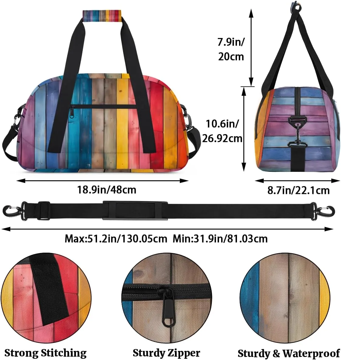 Rainbow Wood Grain Kids Overnighter Duffel Bags for Boys, Carry-On Size Sports Gym Bag with Front Zipper Pocket for School Practice or Overnight Travel Weekender Sleepover Tote Bag