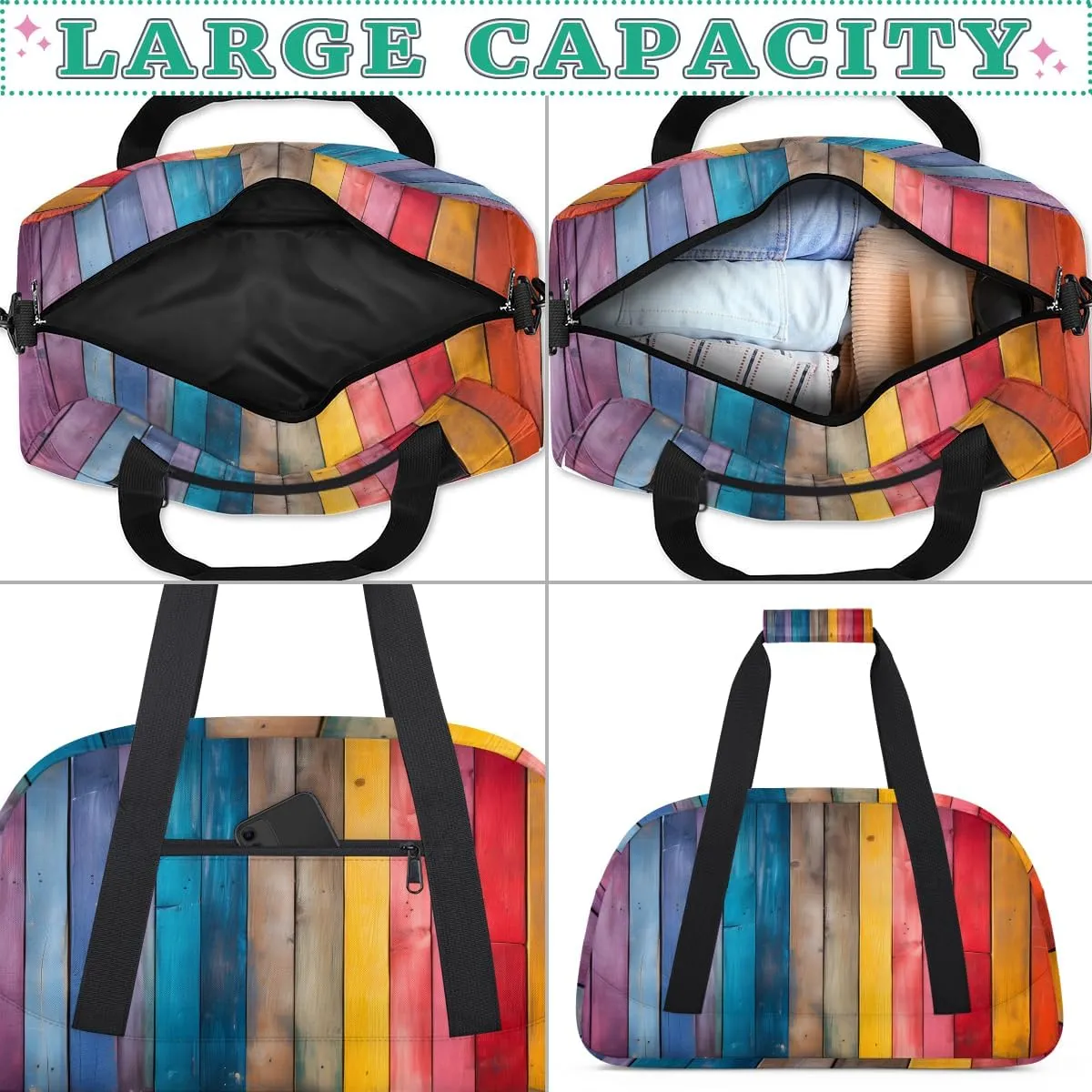Rainbow Wood Grain Kids Overnighter Duffel Bags for Boys, Carry-On Size Sports Gym Bag with Front Zipper Pocket for School Practice or Overnight Travel Weekender Sleepover Tote Bag