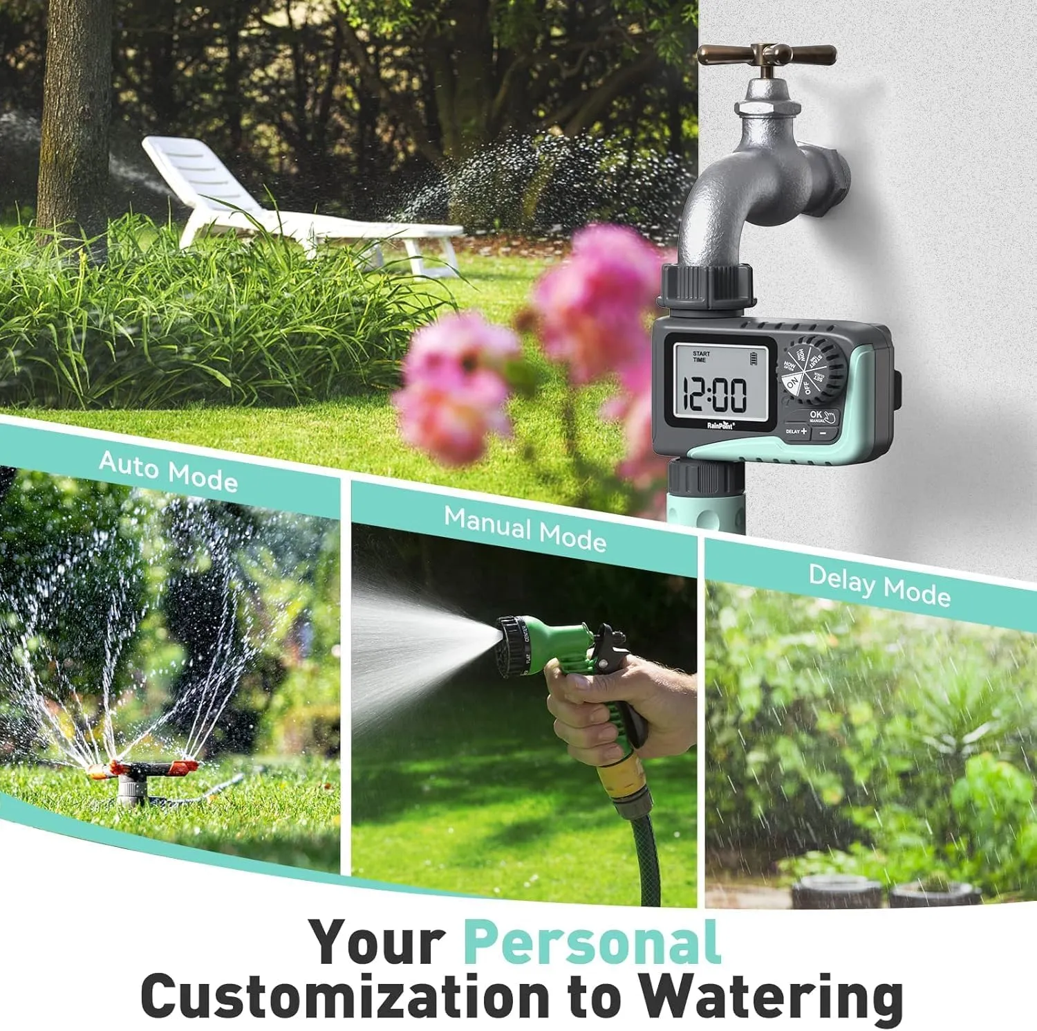 RAINPOINT Sprinkler Timer Outdoor, Programmable Watering Irrigation Timer with Rain Delay/Manual, V2, 2024 Release (Plastic)