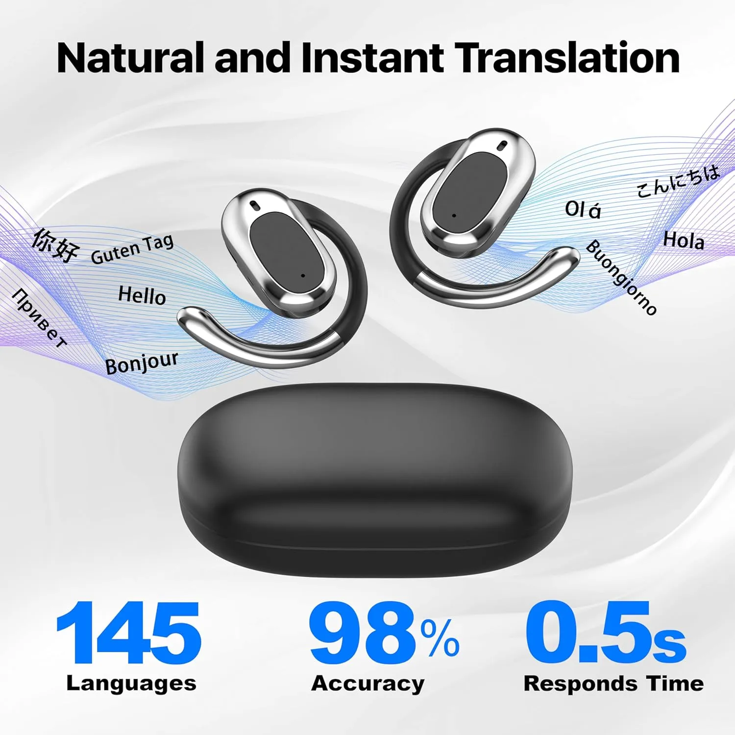Real Time Translation Earbuds, AI Language Translator Earphone 3-in-1 Accents & Long Battery Life Translation Earbuds OWS 144 Languages & 8 Offline for Travel Business,（Black）