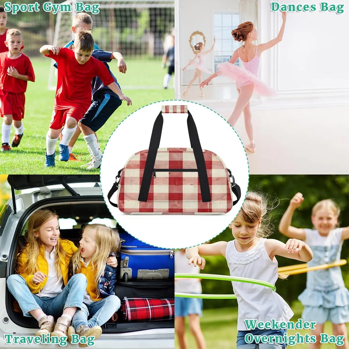 Red and White Check Kids Overnighter Duffel Bags for Boys, Carry-On Size Sports Gym Bag with Front Zipper Pocket for School Practice or Overnight Travel Weekender Sleepover Tote Bag